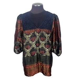 Sundance Silk Peasant Size M Boho Blouse Mixed Print Lace Top Popover Multicolor